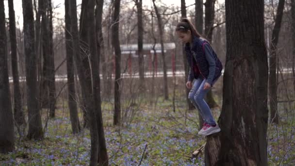 Parkta Atlayan Günlük Elbiseli Bir Kız — Stok video
