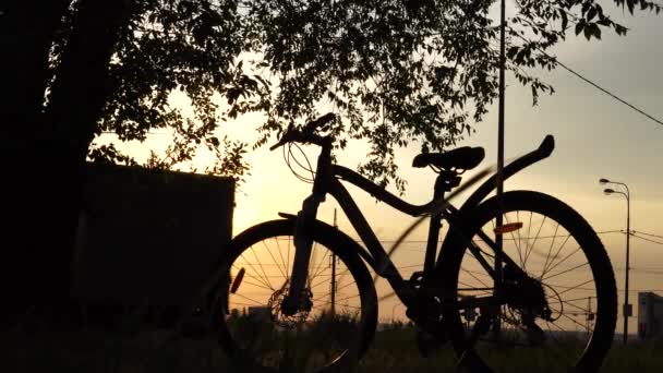 Vacker närbild scen av cykel vid solnedgången, sol på blå himmel med vintage färger, siluett av cykel framåt till solen. — Stockvideo