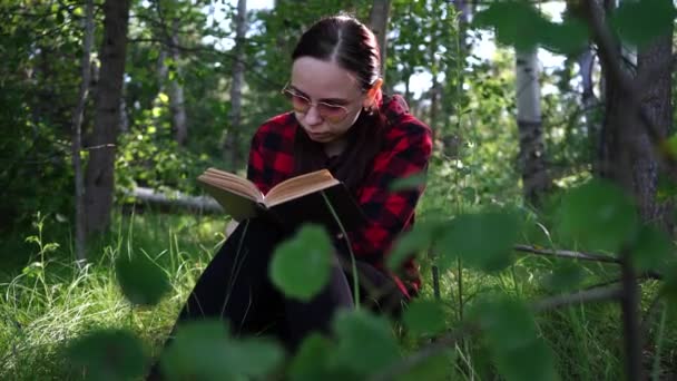 Een vrouw die een boek leest in een groen zomerwoud. — Stockvideo