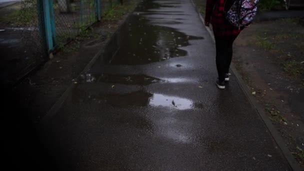 Femme entrant dans une piscine d'eau. Fille va sur le trottoir dans une flaque d'eau — Video