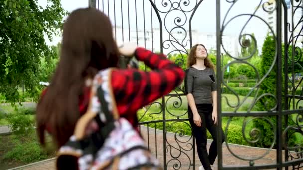 Mulher posando para uma mulher fotógrafa no Parque — Vídeo de Stock