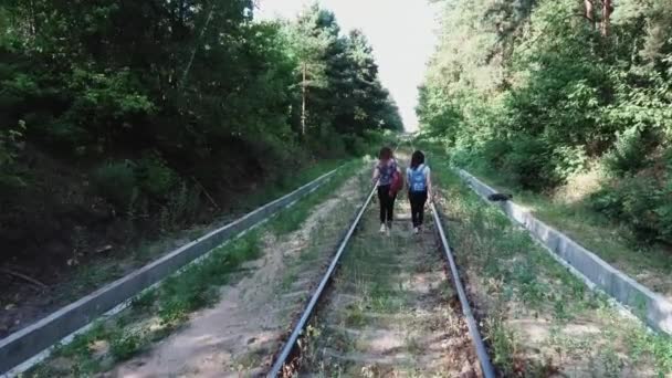 İki kadın yeşil ağaçlarla çevrili, uzaklara giden demiryolu üzerinde. Kızlar ormanda yürür. — Stok video