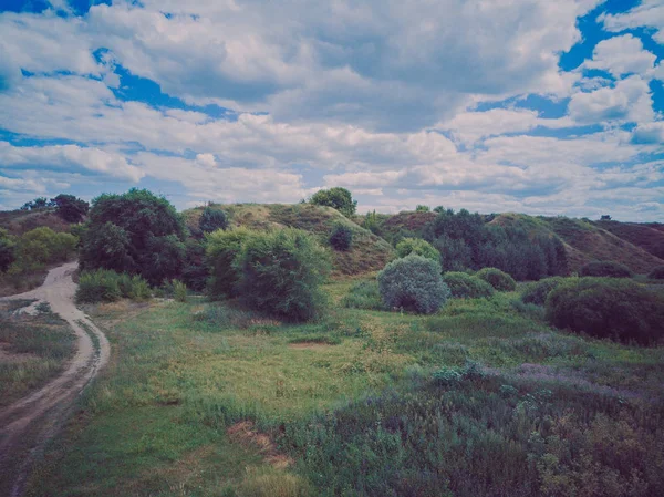 Smalle weg door groen bos. Smalle kronkelweg door groene struiken en bomen tegen bewolkte lucht op het platteland — Stockfoto