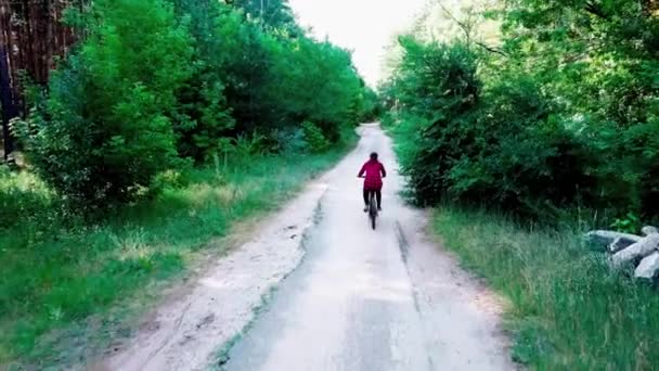 晴れた日に緑の木々に囲まれた自転車に乗る女の子、トップビュー。森の中で自転車に乗っている女性 — ストック動画