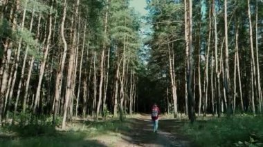 Parkta yürüyen isimsiz bir kadın. Süslü sırt çantalı genç bir bayanın arka görüntüsü. Sessiz sonbahar parkında yol boyunca yürüyor.
