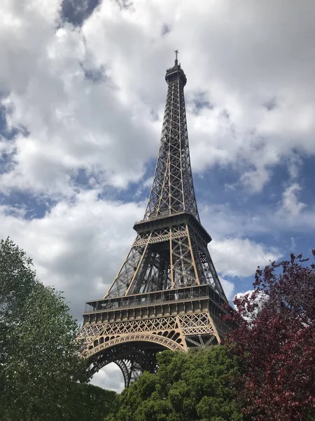 Torre Eiffel em Paris, contra as árvores. a vista a partir do fundo — Fotografia de Stock