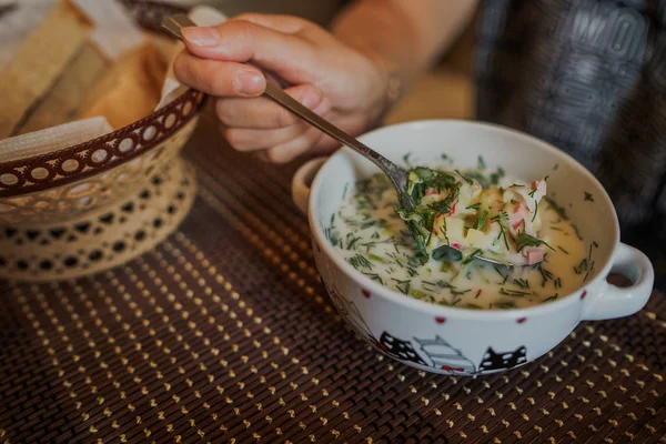 Название холодного супа - окрошка, национальное блюдо кухни России и Украины. Холодный суп со свежими огурцами, редькой, картофелем и щавелем с йогуртом в миске. — стоковое фото