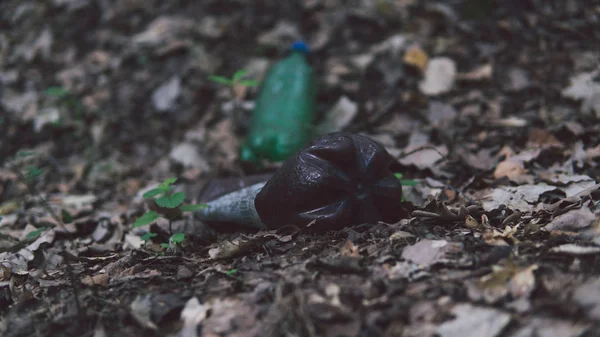 Spazzatura nel parco o nella foresta, una bottiglia vuota sdraiata a terra. Il concetto di inquinamento ambientale, problemi ambientali della natura . — Foto Stock