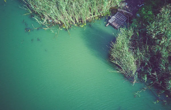 Lago em um dia de verão claro contra a floresta, com um cais em primeiro plano — Fotografia de Stock