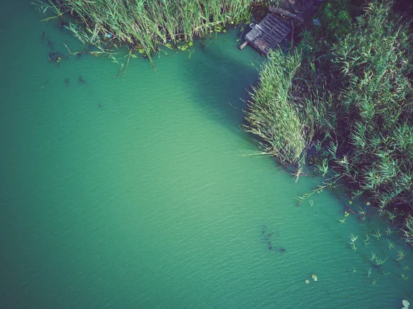 Lago in una chiara giornata estiva contro la foresta, con un molo in primo piano — Foto Stock
