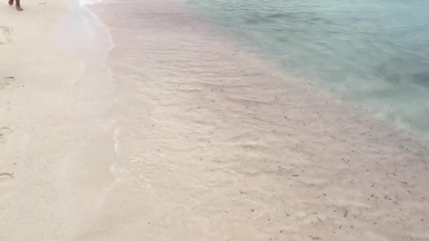 Vue sur la plage avec mousse ondulante. Onde bleue douce sur plage de sable, vagues turquoise, texture de la surface de l'eau claire. Contexte naturel — Video