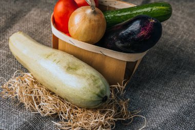 Sebze, soğan, patlıcan, domates ve salatalık sepetinde. Tarım kavramı, sağlıklı yaşam tarzı, sağlıklı beslenme ve diyet.