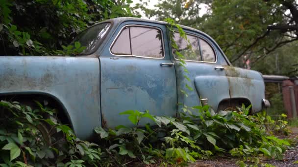 Un coche oxidado abandonado en el depósito de chatarra. Olvidado desechado oxidado viejo coche azul en el desguace — Vídeo de stock