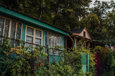 Bulutlu havada ormandaki köy evi. Köy evi. Ormanın ortasındaki bir apartmanda. Şehir dışında bir ev inşa edilmiş. Köydeki Rus evi..
