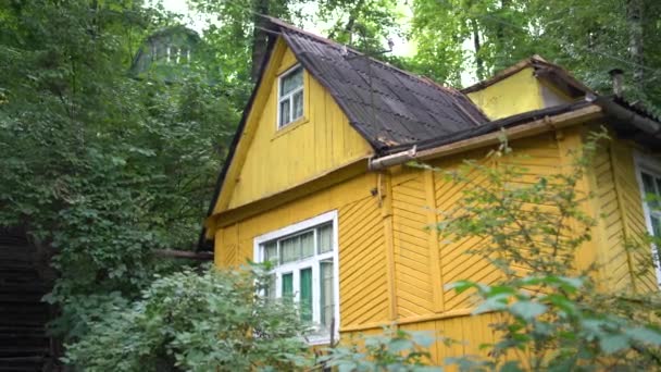 Dorpshuis in het bos bij bewolkt weer. Landhuis. Residentieel gebouw in het midden van het bos. Huis gebouwd buiten de stad. Russisch huis in het dorp. — Stockvideo