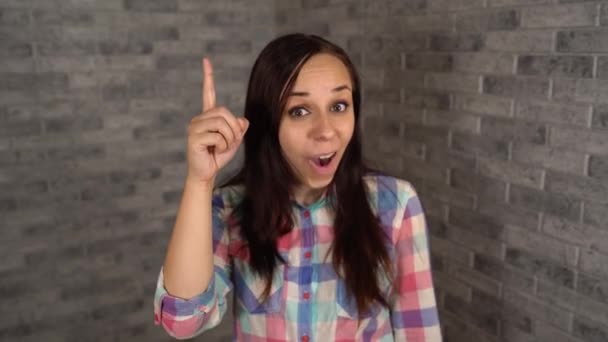 A beautiful young woman in a plaid shirt smiles and raises her index finger up on a brick background. A woman was visited by inspiration, she raises her index finger up and opens her mouth. The — Stock Video