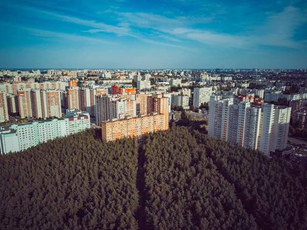 Modern konut binalarının havadan görünüşü. Yüksek katlı binaların dış cephesi. Ağaçlarla çevrili konut binası. Orman çevresindeki gökdelenler