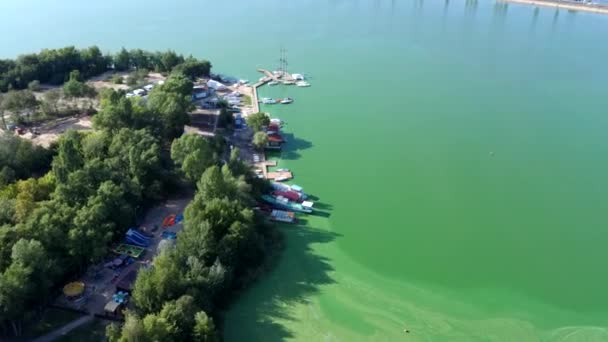 Les eaux calmes et stagnantes du lac fleurissaient en été. Les algues prolifèrent à cause de la chaleur de l'eau. L'eau du lac est devenue d'un vert éclatant et de couleur lime. Les algues vertes à la surface de l'eau — Video