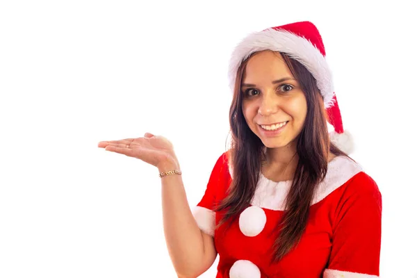 Sorrindo bela jovem em terno Papai Noel em um fundo branco. Feliz Natal e Feliz Ano Novo . — Fotografia de Stock