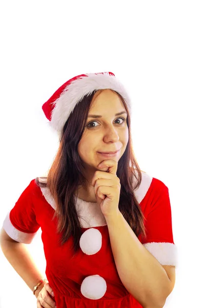 Souriant belle jeune femme en costume du Père Noël sur un fond blanc. Joyeux Noël et bonne année . — Photo