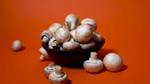 Mushrooms in a wooden bowl on an orange background. The small white champignon in a plate and scattered near it. — Stock Video
