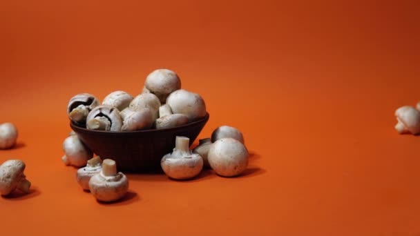 Pilze in einer Holzschale auf orangefarbenem Hintergrund. Der kleine weiße Champignon in einem Teller und in seiner Nähe verstreut. — Stockvideo