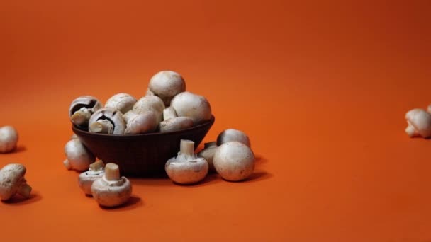 Funghi in una ciotola di legno su sfondo arancione. Il piccolo champignon bianco in un piatto e sparso vicino a esso . — Video Stock