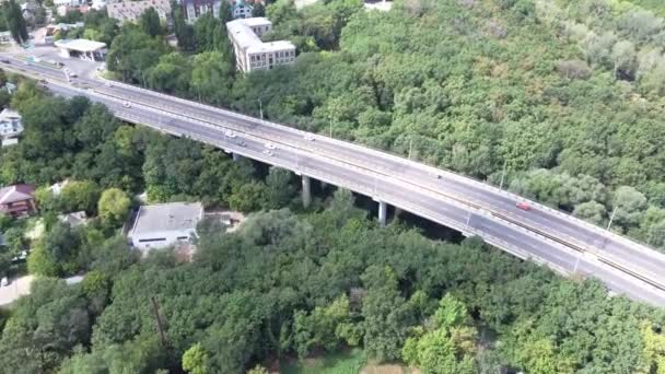 En été, une vue d'oiseau des voitures se déplace dans la forêt sur le pont.. — Video