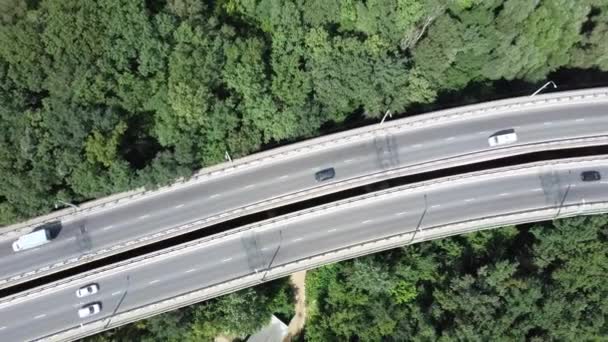 Widok z powietrza samochodów poruszają się przez las na drodze w lecie. — Wideo stockowe