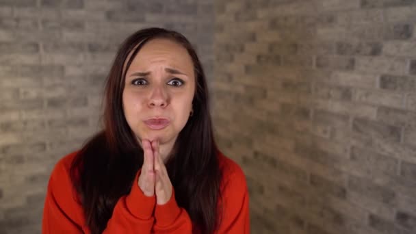 Eine kapriziöse junge Frau in rotem Kapuzenpullover hat flehenden Ausdruck. Eine Brünette trägt Lippen und hält die Hände im Gebet. — Stockvideo