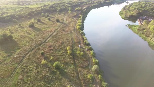 Large River Sunny Day Background Green Forest — Stock Video