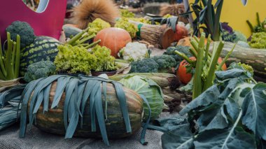 Masada çeşitli sebzeler var. Hasat natürmort.