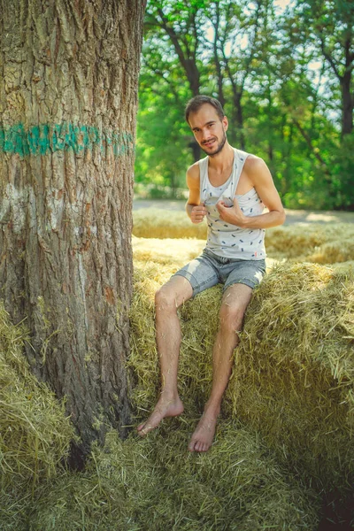 Un joven y guapo hombre con barba de construcción delgada se sienta en el heno y sostiene el heno en sus manos sobre el fondo de los árboles verdes del parque.. — Foto de Stock