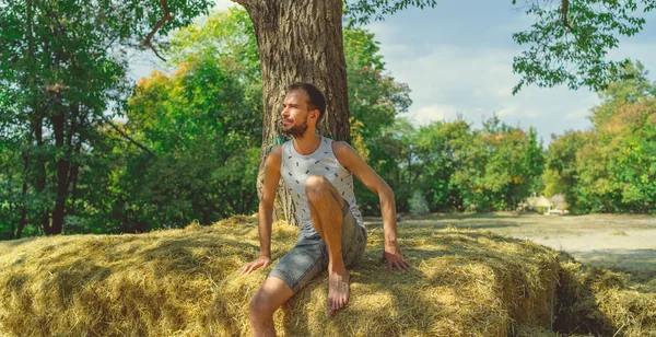 Un joven y guapo hombre con barba de construcción delgada se sienta en el heno y sostiene el heno en sus manos sobre el fondo de los árboles verdes del parque.. — Foto de Stock