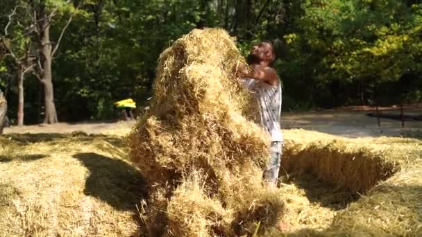 Joven Guapo Con Barba Delgada Construyen Sobre Heno Día Soleado — Vídeo de stock