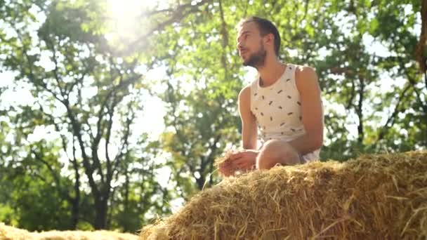 Homem Bonito Novo Com Barba Construção Slim Feno Dia Ensolarado — Vídeo de Stock