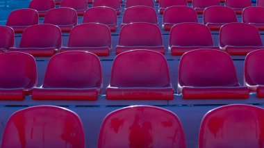 Spor stadyumundaki tribünler. Arka arkaya Kırmızı Koltuklar