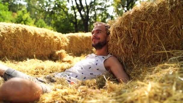 Young Handsome Man Beard Slim Build Hay Sunny Day — Stock Video