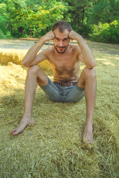 Un joven guapo con barba y un torso desnudo se sienta en el heno y sonríe sobre el fondo de los árboles verdes del parque.. — Foto de Stock