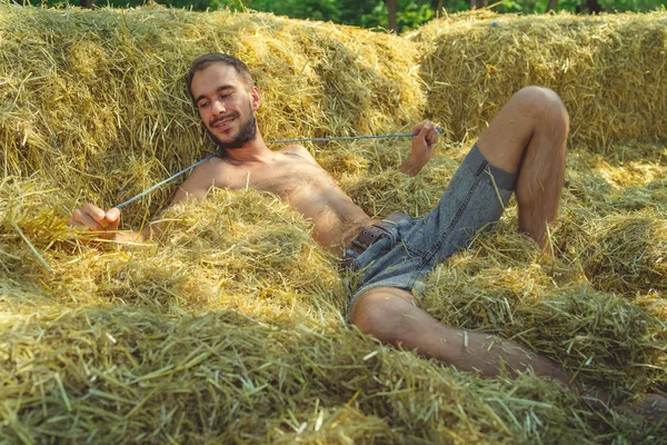 Um retrato de um homem bonito com barba e um tronco nu deitado no feno. — Fotografia de Stock