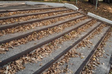 Sonbahar yapraklı merdivenler. Sonbaharda yapraklarla merdivenler. Parkta sonbahar