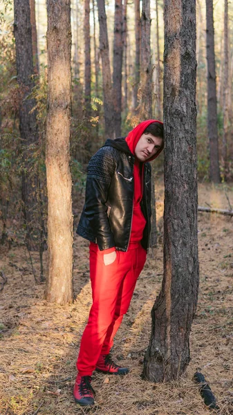 Güneşli bir günde ağaçların yanında duran adam. Ağaçların arasında poz veren gündelik kıyafetler giyen genç adamın portresi