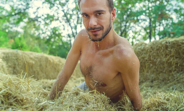 Homem em feno, Masculino em uma pilha de feno. Homem sentado no fardo feno. jovem gosta de deitar em um feno fardo — Fotografia de Stock