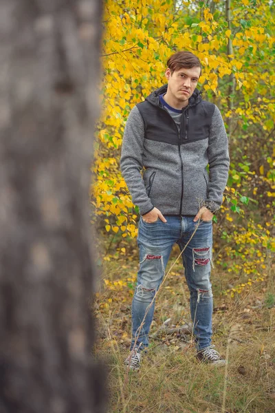 Portret van een jonge knappe man in casual kleding tegen de vergeelde bomen in het herfstbos. — Stockfoto