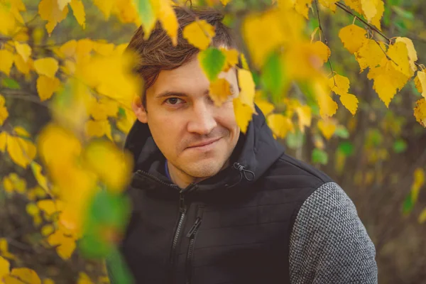 Sonbahar ormanındaki sarı ağaçlara karşı günlük giysiler içinde genç yakışıklı bir adamın portresi.. — Stok fotoğraf