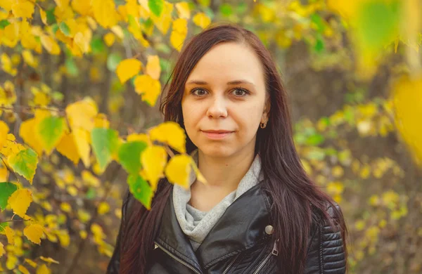 Retrato de uma mulher sorridente bonita está em pé na floresta de outono entre os ramos de árvores com folhagem amarela. — Fotografia de Stock