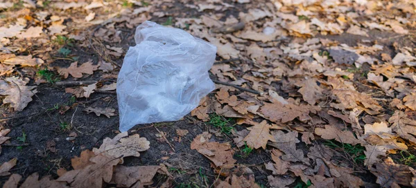 Theres a cellophane bag in the grass. Environmental pollution. — Stock Photo, Image