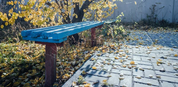 Eine Bank im Park, übersät mit gelben Blättern im Herbst — Stockfoto