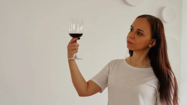 Woman White Shirt Drinks Wine — Stock Photo, Image