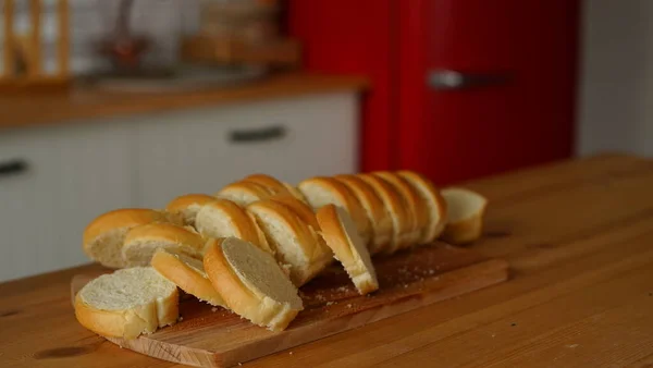 Chopped White Bread Wooden Board Kitchen Table — Stock Photo, Image